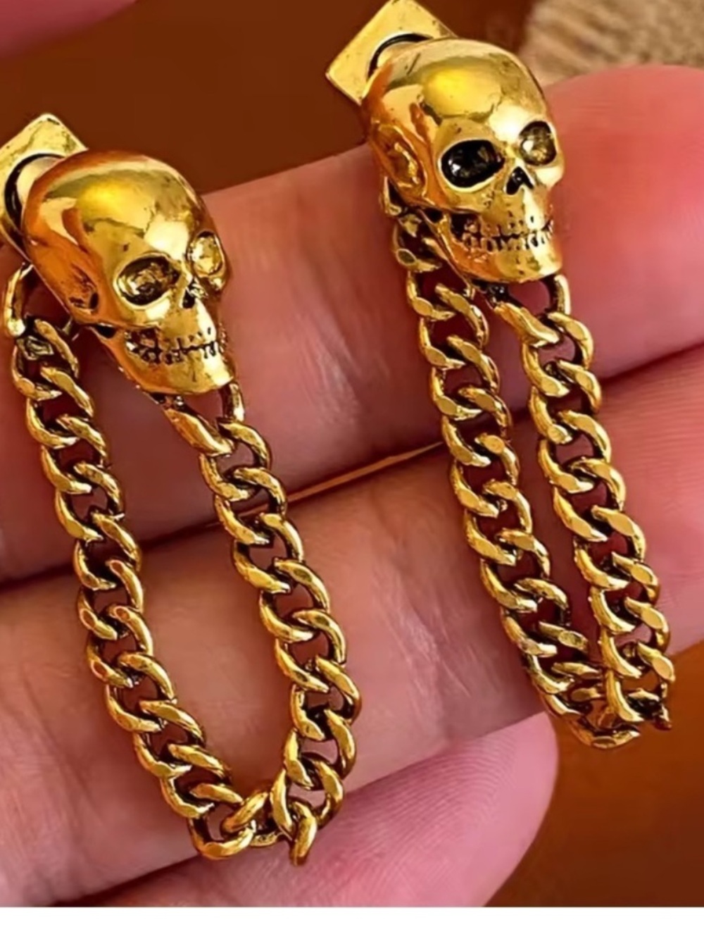 Gothic 24k Gold Plated Skull Chain Earrings –Punk Style new